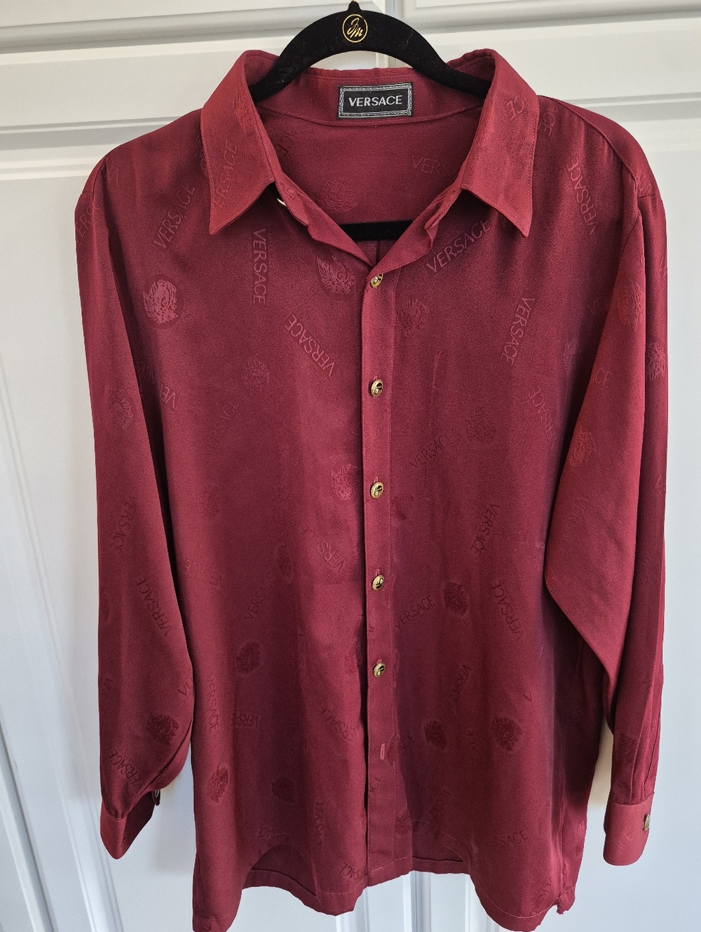 Versace Vintage Burgundy Wine Tonal Jacquard Logo Repeating Button Down M. - Picture 14 of 16